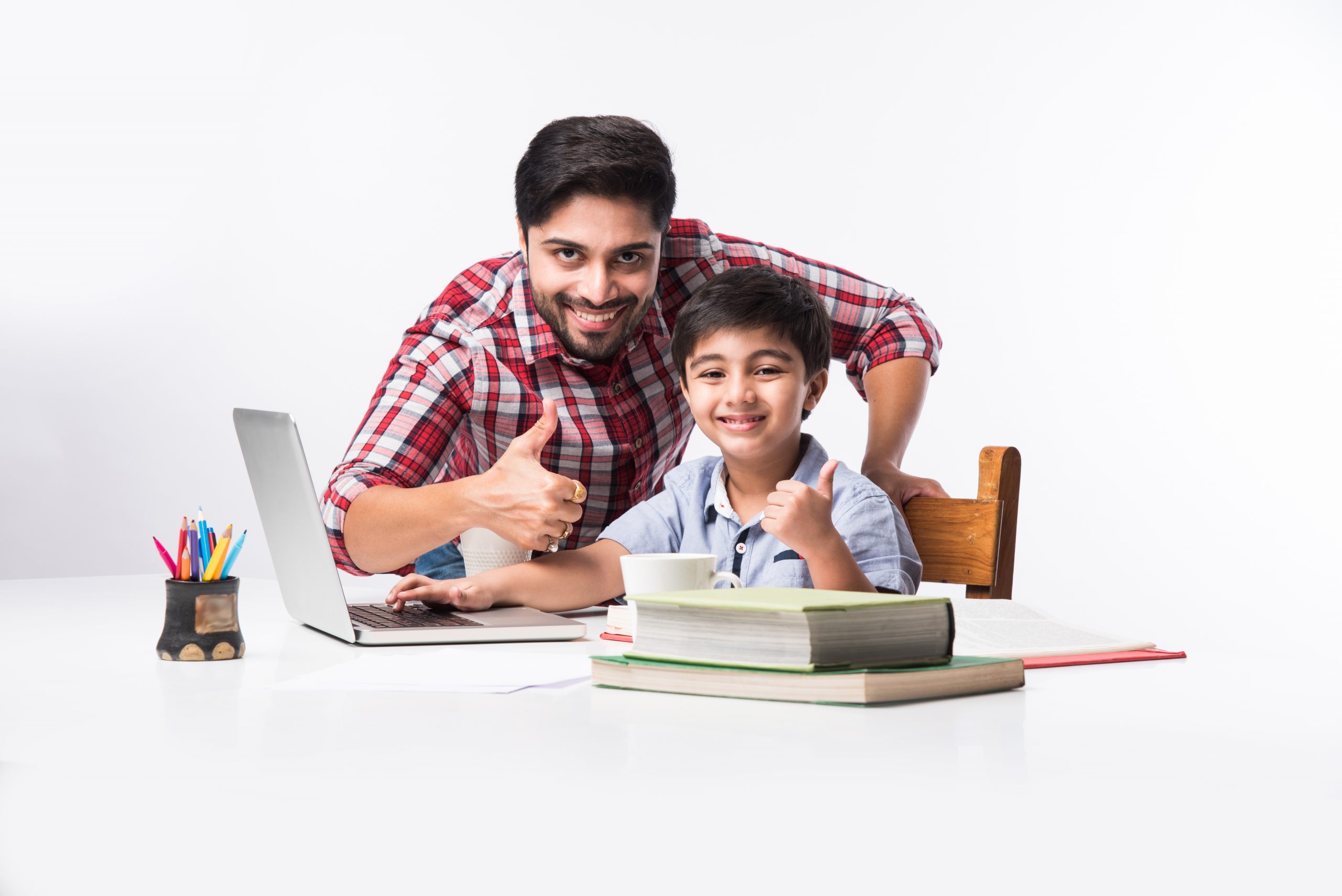 Indian,Kid,Studying,Online,,Attending,School,Via,E-learning,With,Father