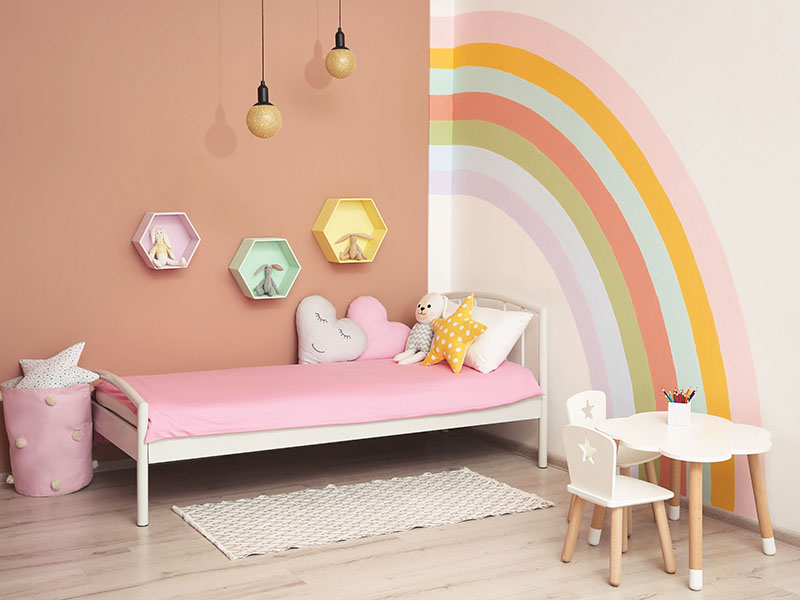 Cute,Child's,Room,Interior,With,Beautiful,Rainbow,Painted,On,Wall